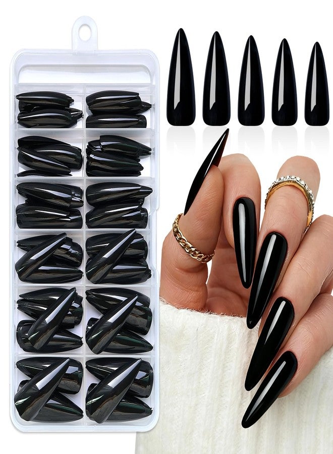 LuckForever 144pc Black Press on Nails Long Stiletto Fake Nails with Glue Tabs, Black Nails Press ons Nails Stiletto Glue on Nail Pointy Acrylic Nails Stick False Artificial Fingernail for Women Girls - Image 1